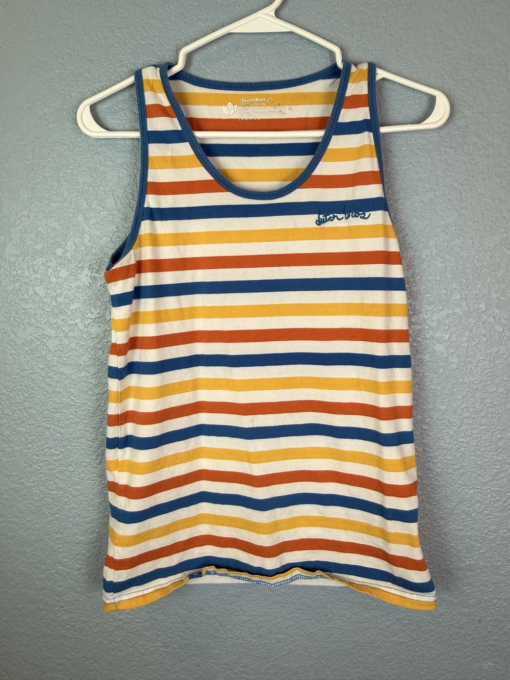 Dutch Bros Coffee Tank Top Mens Small Multicolor Stripe Embroidered Logo Cotton